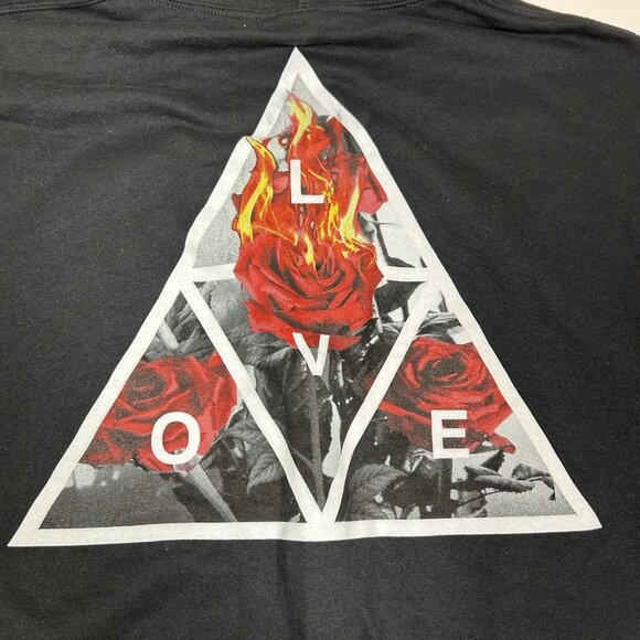 Gildan Men Heavy Blend Black TRIANGLE ROSE FLAME PRINT HOODIE Fleece Pocket Sz M - Picture 5 of 5